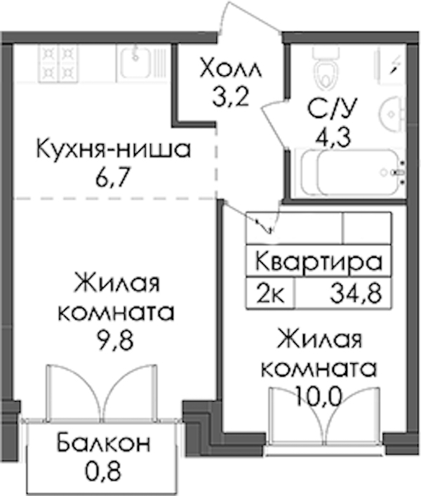 1-комнатная квартира 34.8 м², 3/9 эт., ЖК «Лермонтовский 54»